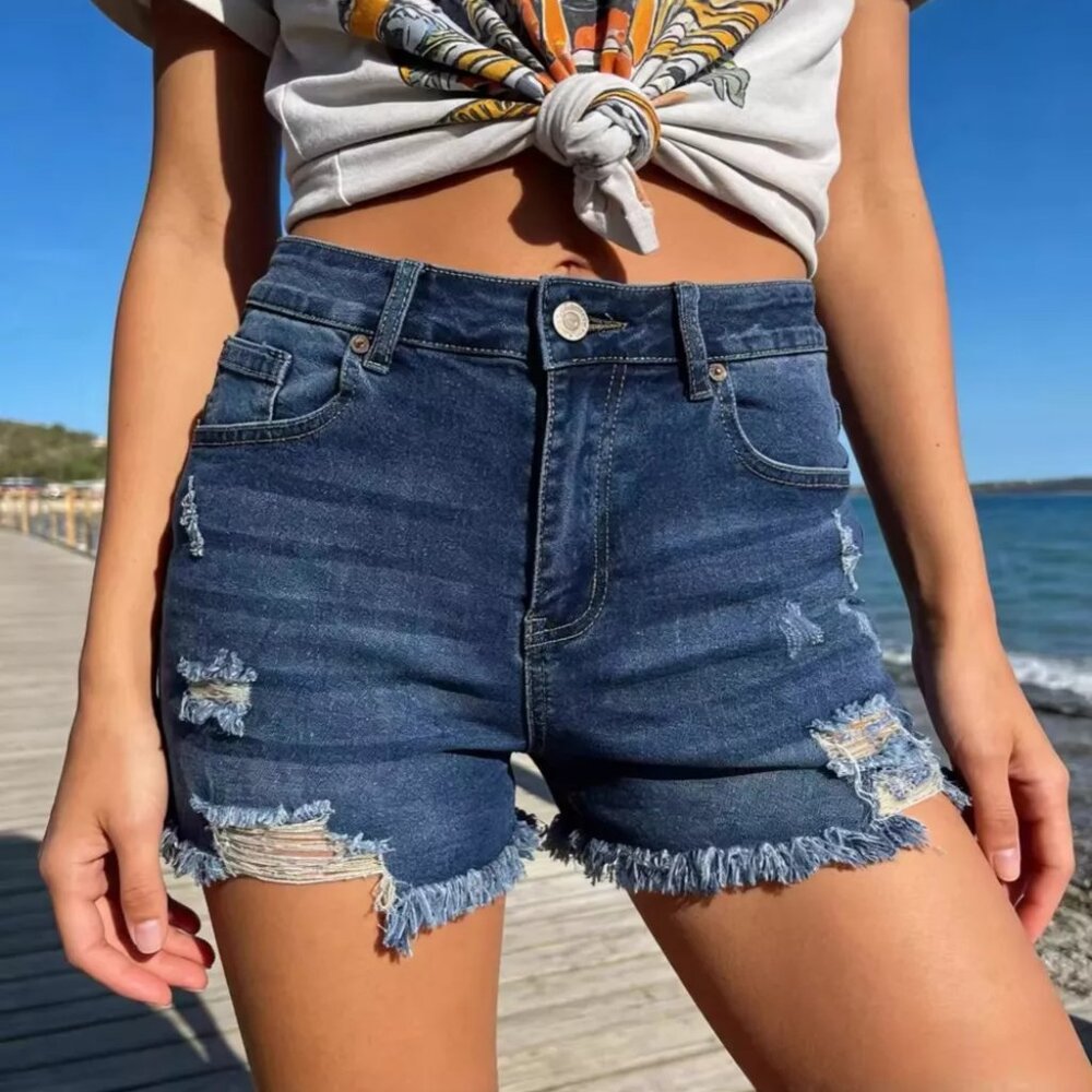 Distressed Frayed Hem Denim Shorts